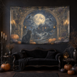 Midnight Manor 90 × 60 inch gothic Halloween tapestry in a dark living room