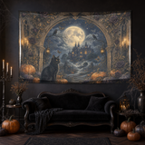 Midnight Manor 90 × 60 inch gothic Halloween tapestry in a dark living room