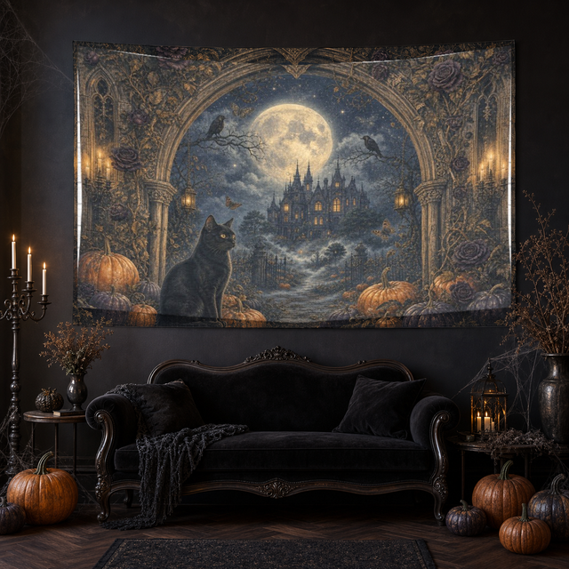 Midnight Manor 90 × 60 inch gothic Halloween tapestry in a dark living room