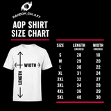 Random Galaxy AOP shirt size chart, sizes S to 5XL