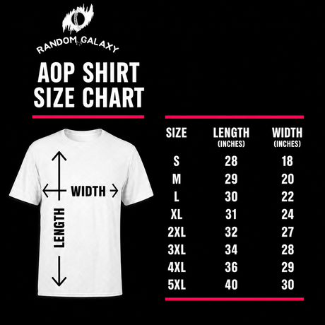 Random Galaxy AOP shirt size chart, sizes S to 5XL