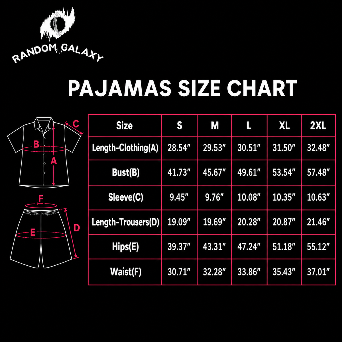 Men's short pajama set size chart for sizes S to 2XL