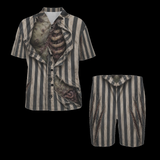 Front product mockup of the Sleepwalking Dead men's horror short pajama set on a black background