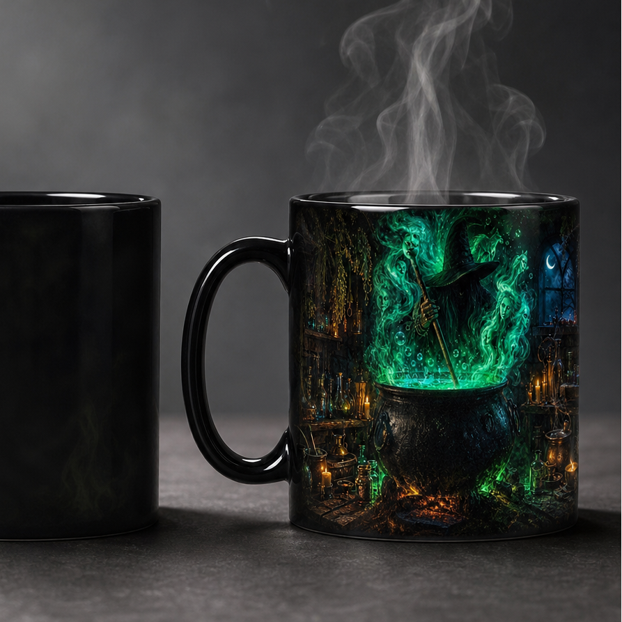 Cold and hot comparison of Witch’s Cauldron heat-reveal Halloween mug