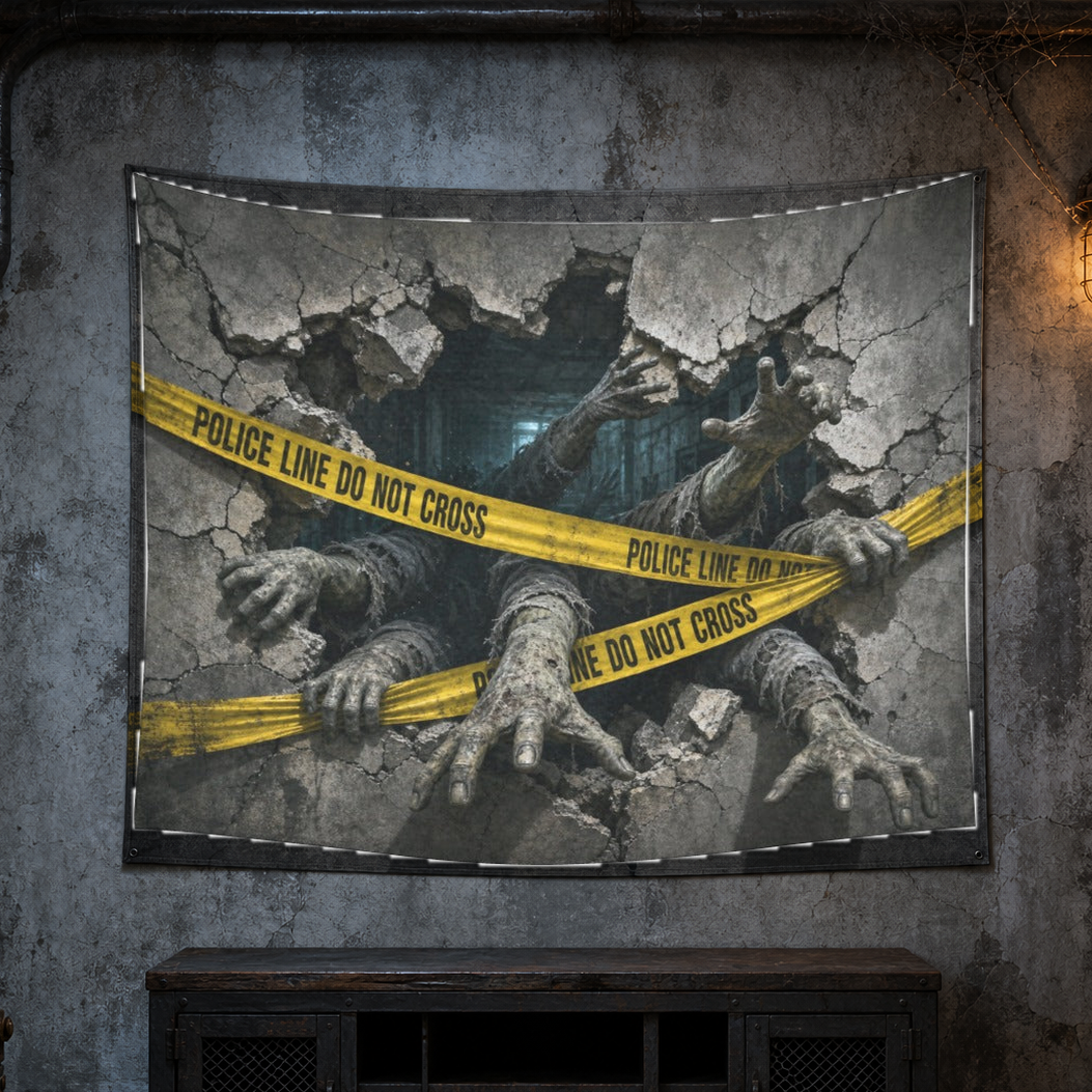 Zombie Quarantine 60 × 51 inch Halloween tapestry on an industrial wall