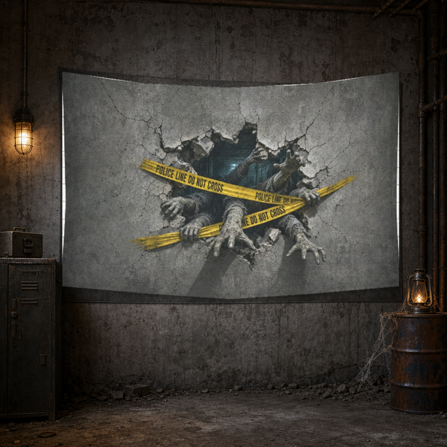 Zombie Quarantine 90 × 60 inch Halloween tapestry on a distressed bunker wall