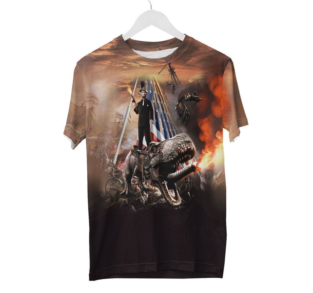 Abe Lincoln Riding Dinosaur Shirt | AOP 3D Tee Shirts - Random Galaxy Official