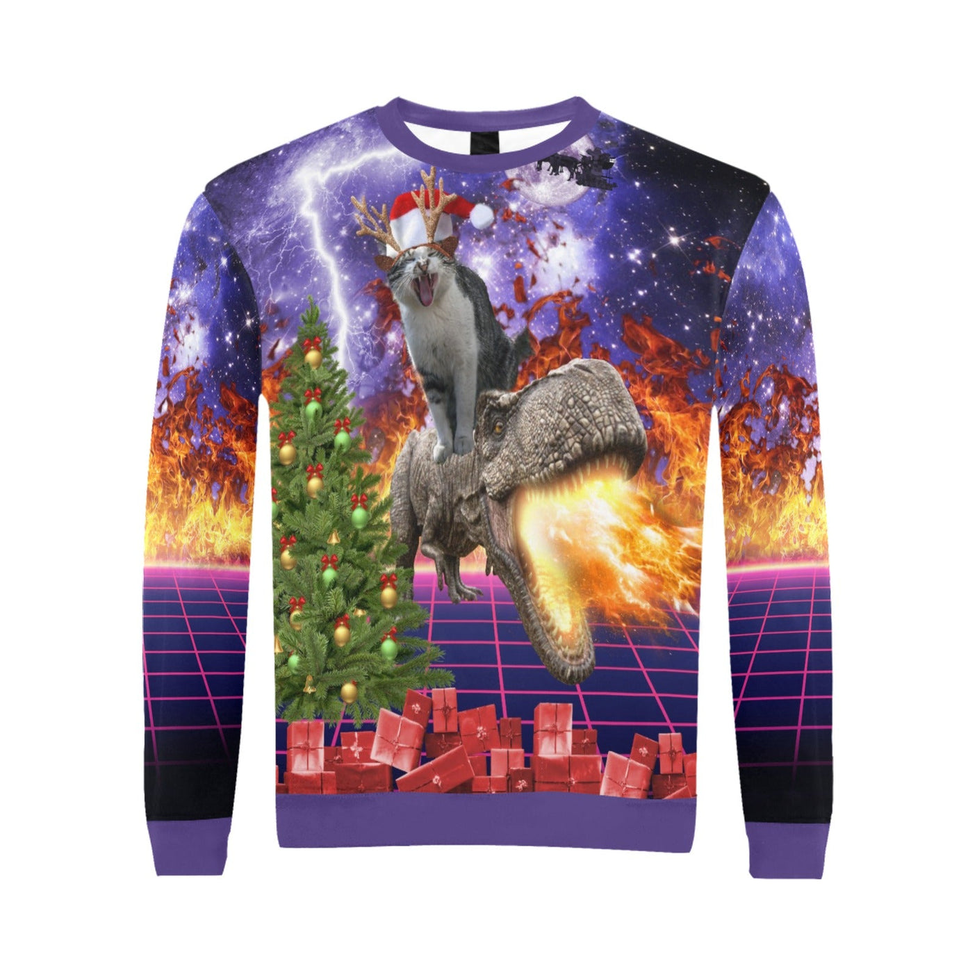 Cat Riding Dinosaur Ugly Christmas Sweater - Random Galaxy