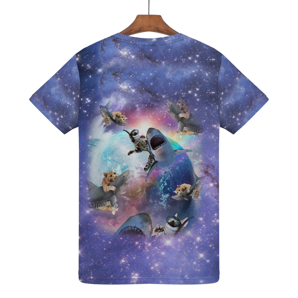 Space Cat Riding Shark Shirt - Random Galaxy